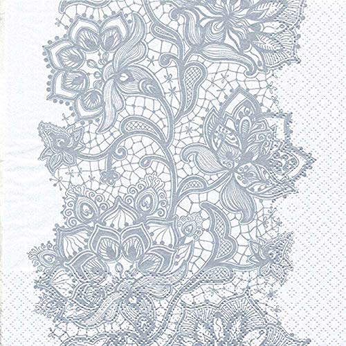 Linoows - 20 servilletas, borde con punta de ganchillo plateada envejecida, punta floral 33 x 33 cm
