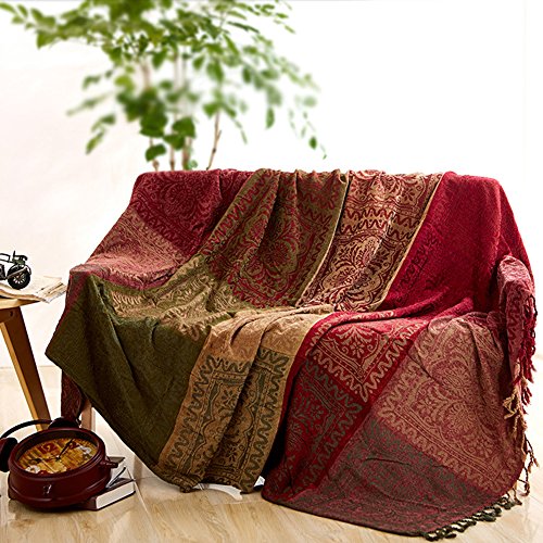 Manta para sofá de chenilla jacquard con borlas, estilo mediterráneo, para todas las estaciones, rojo y verde, 220*260CM