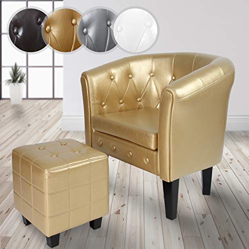 MIADOMODO Sillón Chesterfield con Reposapiés | Tapizado en Cuero Artificial con Patas de Madera, Color a Elegir | Butaca de Piel Sintética para Dormitorio y Salón, Sofá Chester 1 Plaza (Dorado)