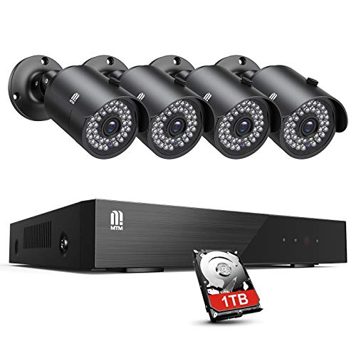 MTM 8CH 5MP CCTV Full HD Kit de videovigilancia Exterior, H.265+ Sistema de Seguridad DVR Cámara Vigilancia con 4 Cámaras, 30M Visión Nocturna, Detección de Movimiento, Monitoreo Remoto, 1TB HDD