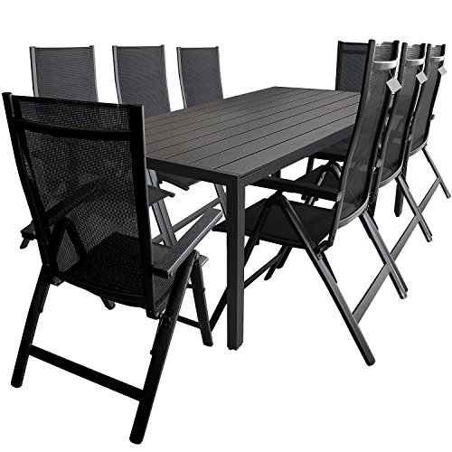 Multistore 2002 - Conjunto de mesa y sillas (9 piezas, para jardín y terraza, mesa de aluminio y madera sintética polywood de 205 x 90 cm, sillas de aluminio con respaldo alto y regulable a 6 alturas, cordaje de tela 4 x 4, reposabrazos de madera sintétic