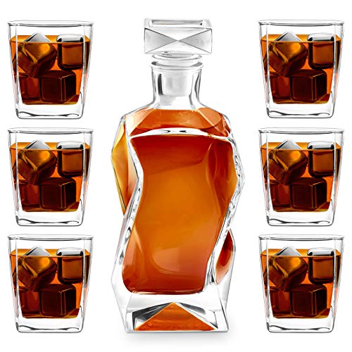 Murrano Jarra de whisky con grabado – Decantador de whisky – 700 ml – Regalo de cumpleaños para hombres – Sin grabado, con 6 vasos