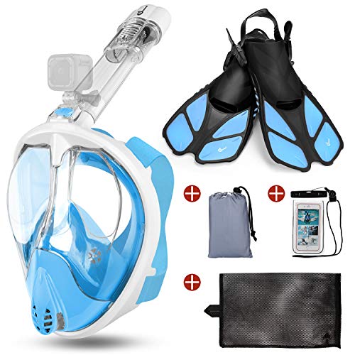 Odoland Set Máscara y Snorkel 5-en-1, 180° Vista Panorámica, Ajustable Máscara de Buceo Anti-Niebla y Anti-Fugas para Unisex Adulto, Azul Claro L - (Mask L + Fins S)