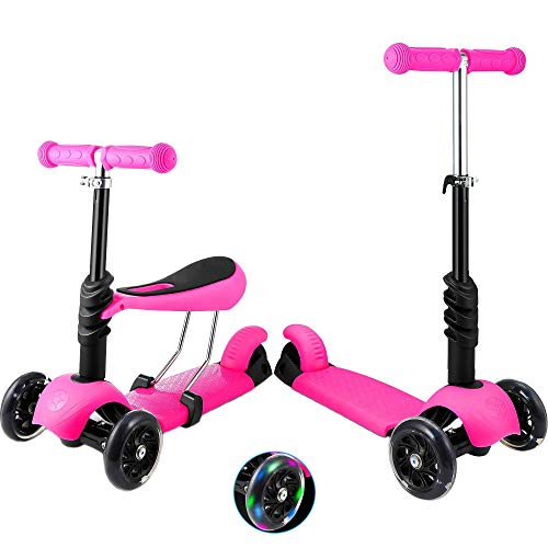 Patinete de 3 ruedas para niños pequeños y niñas, 2 en 1, con asiento desmontable, ruedas de luz LED, manillar de aluminio ajustable, base ancha, antideslizante, color rosa