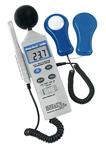 PeakTech 5035 – Dispositivo de medición ambiental multifuncional 4 en 1 para medir sonido, temperatura, humedad y lux, medición de db, pantalla LCD, sensor tipo K, con pilas - 250 g