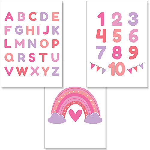 PREMYO Cuadros Infantiles Habitación Niña - Láminas Decorativas para Enmarcar - 3 Póster Alfabeto ABC Arco-iris Rosa A4
