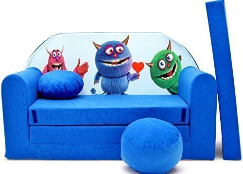 Pro Cosmo Sofá Cama C28, para niños con Puff/reposapiés/Almohada, de Tela, Color Azul, 168 x 98 x 60 cm