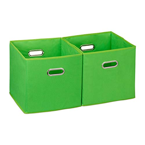 Relaxdays Cajas de almacenaje, Set de Dos cestas, Sin Tapa, con Asas, Plegable, Cuadrado, 30 cm, Verde, poliéster, cartón