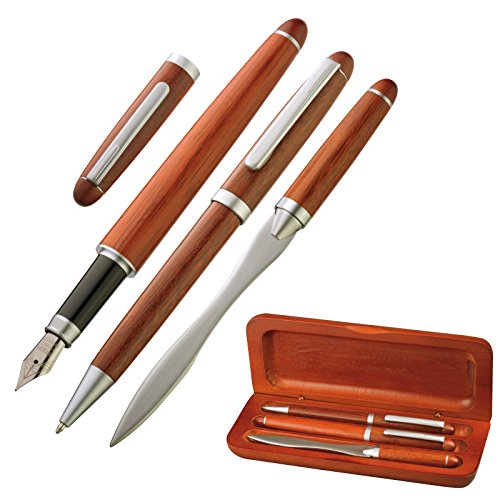 Set de escritura y regalo – bolígrafo, abrecartas y pluma estilográfica, elegante en madera y estuche para tarjetas de visita – 4101