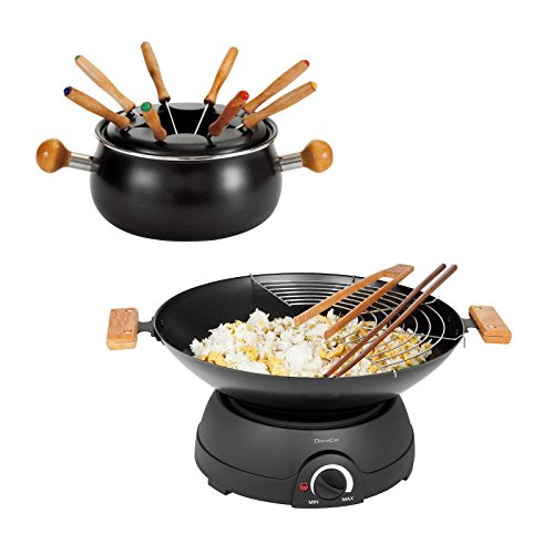 Set de fondue eléctrica Wok con tapa de cristal (wok, sartén eléctrica, sartén eléctrica, termostato, 8 personas)