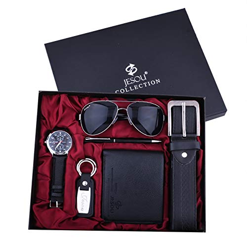 Shhyy Caja de Regalo Reloj Hombre -Gafas-Reloj-Perfume-Cinturon,Color Azul Oscuro día de San valentín,A