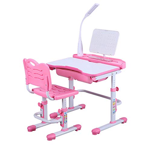 SHIOUCY Juego de mesa y sillas para niños, escritorio y silla, altura regulable, juego de sillas, estantería para niños, escritorio con sillas, cajón, lámpara LED, color rosa