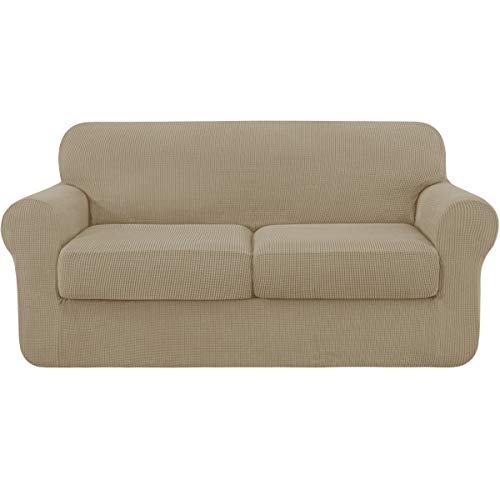 Subrtex - Funda de sofá extensible con 2 fundas de cojín de asiento, protector de sofá con reposabrazos elástico (2 plazas, arena)