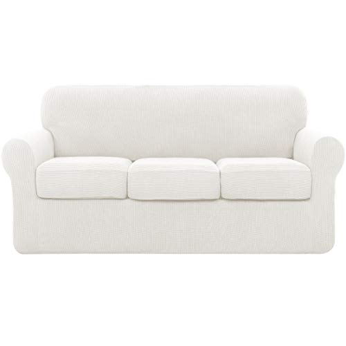 Subrtex - Funda de sofá extensible con 3 fundas de cojín de asiento, protector de sofá con reposabrazos elásticos (3 plazas, crema)