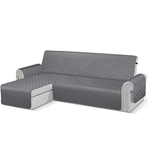 TAOCOCO Funda de sofá con chaise longue impermeable con reposabrazos izquierdo y protector Slipcovers gris oscuro de 3 plazas + 4 plazas (vista de frente)