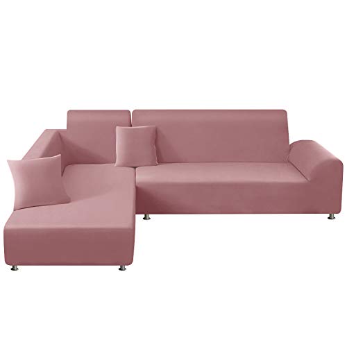 TAOCOCO Funda para sofá con chaise longue elástica de poliéster en forma de L (Misty Rose, 3 plazas + 3 plazas)