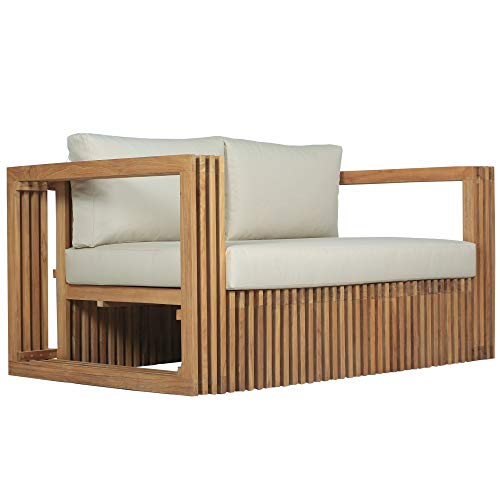 Teako Design Lounge Sofá de 2 plazas de madera de teca robusta con cojines de madera maciza sin tratar, resistente a la intemperie