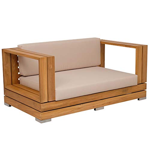 Teako Design - Sofá de exterior Córcega de 2 plazas, madera de teca, acero inoxidable, madera maciza, resistente a la intemperie