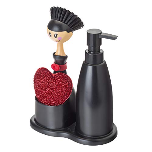 Vigar Dolls - Set fregadero con dispensador de jabón, estropajo en forma de corazón y cepillo para lavar los platos, plástico, color negro y rojo