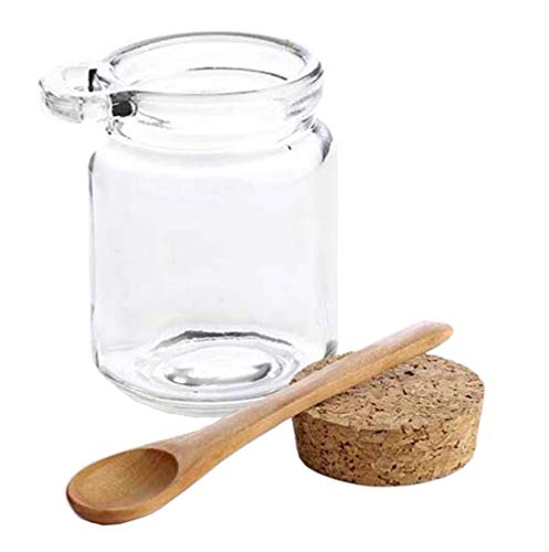 1 x 250 ml tarro de almacenamiento vidrio transparente con tapón de corcho y cuchara de madera contenedor de almacenamiento de alimentos para cocina baño cosméticos sal miel frutos secos caramelos