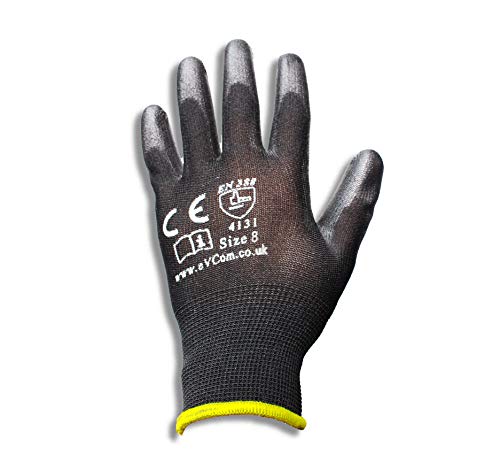 12 guantes de trabajo de nailon negro con revestimiento de poliuretano de eVCom®. Ideal para mecánicos, trabajadores de la construcción o tareas de jardinería.