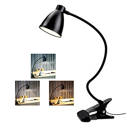 38LED Lámpara de Escritorio con Pinza, Luz de Lectura 3 Modos/10 Brillos, LED Lámpara de Pinza con 360 °Cuello Flexible, Lámpara de Mesa Protección Ocular/Carga USB para Oficina,Dormitorio,Cama-Negro
