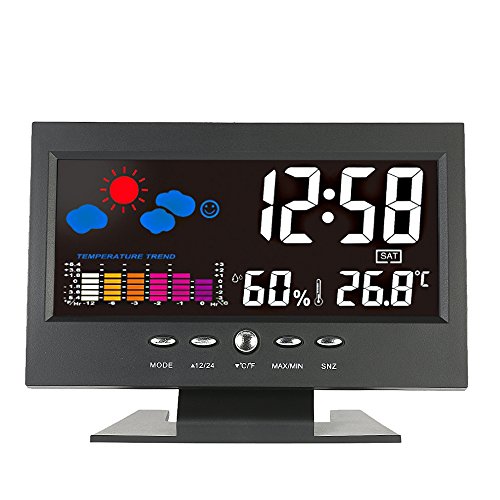 Adaskala Termohigrómetro Digital LCD en Color Reloj Interior Calendario Termómetro Temperatura Tendencia Alarma Confort Pronóstico del Tiempo