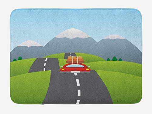 Alfombra de baño para viaje por carretera, ilustración de un automóvil con maletas en el techo que va al diseño de las montañas, alfombra de decoración de baño de felpa con respaldo antideslizante