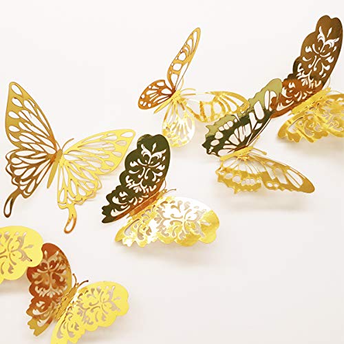 Ambiance Sticker 36 piezas 3D Gold Butterfly Eco-Friendly Wall Decals, Art Wall Decals Sticker Set 3 tamaños - 25 X 15 cm