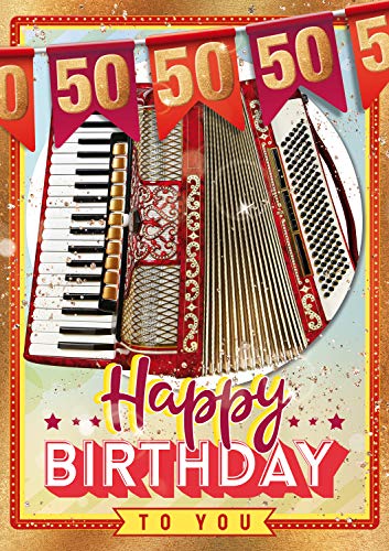 bentino Tarjeta de cumpleaños XL con función de acordeón, juego con tarjeta de felicitación "Happy Birthday", tarjeta de felicitación de la serie Great Cards, set DIN A4 con sobre, 50 cumpleaños