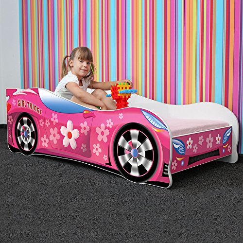 Cama infantil coche de carreras + somier (barandas) + colchón de espuma con cubierta (160 x 80 cm (3-8 años), PINK GIRL THINGS)