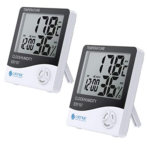 eSynic 2 Piezas Digital Medidor Termómetro Higrómetro LCD con Reloj de Alarma Monitor de Humedad de Temperatura Interior para el Familia Oficina