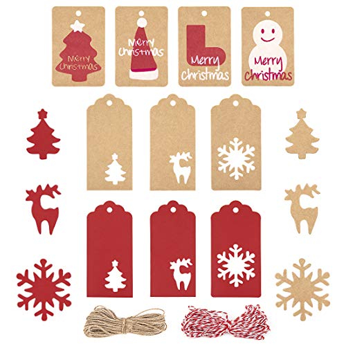 Etiquetas Kraft, 200pcs Etiquetas Navideñas, Cuerda de 2x10 Metros, Etiqueta de Regalo de árbol de Navidad con Copo de Nieve de Ciervo de 4X9 cm, Tarjeta de Manualidades para Fiesta de Navidad