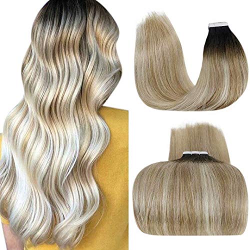 Extensiones Adhesivas,LaaVoo 14 Pulgadas Extensiones Adhesivas Negras Tape on Extensiones de Cabello Balayage Natural Black Fading to Brown and Lightest Blonde Tape in Hair Extensions 20pcs/50g