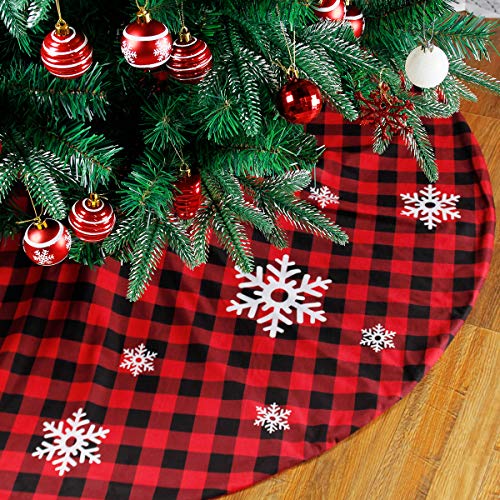 Falda de árbol de Navidad a cuadros de búfalo - Tapete de árbol rojo y negro de 48 pulgadas con adorno de Navidad de árbol de copo de nieve blanco para decoración navideña Fiesta de Navidad Año Nuevo