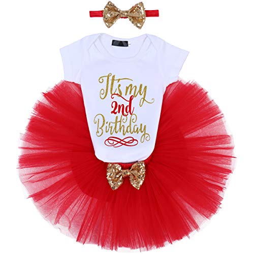 FYMNSI Disfraz de fiesta de cumpleaños para bebé, de algodón, con falda de tutú y cinta para la cabeza, 3 piezas, para sesiones fotográficas Rojo 2º cumpleaños. 2 Años