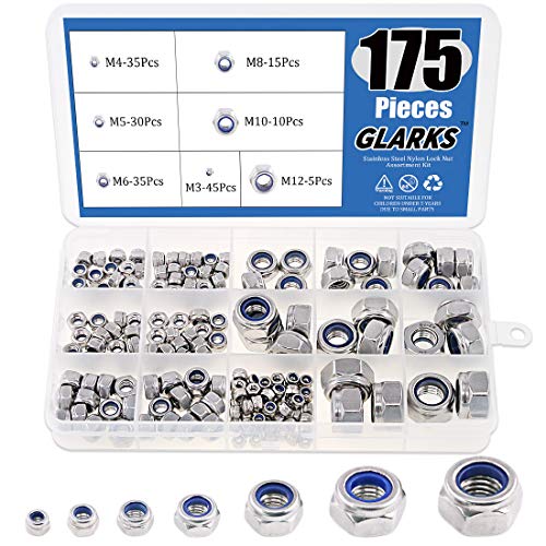 Glarks - Kit surtido de tuercas de acero inoxidable 304 con cierre de nailon, 175 unidades, M3, M4, M5, M6, M8, M10 y M12