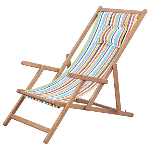 GOTOTOP Silla de Playa de Madera Plegable Reclinable Ajuste de ángulo de 3 Posiciones Tumbona Relax de Rayas de Colores con Almohada de Jardín