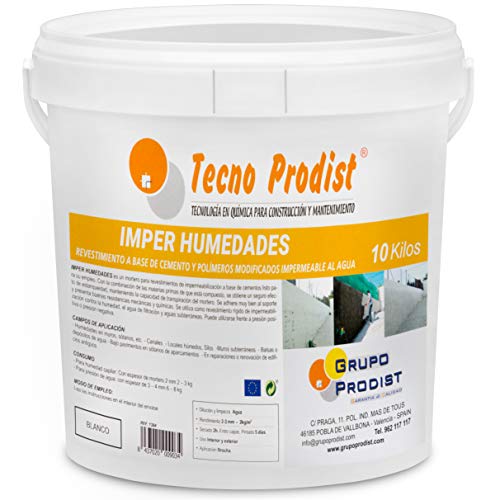 IMPER HUMEDADES de Tecno Prodist - (10 Kg) Mortero para revestimiento de Paredes. Impermeabilización. Tratamiento humedades muros, sótanos, etc. Impermeable al agua, fácil de usar. Color Blanco.