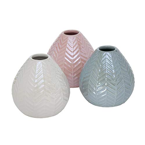 Juego de 3 jarrones decorativos de cerámica con efecto perlado y estructura, color blanco, rosa y gris, 15 x 11 cm
