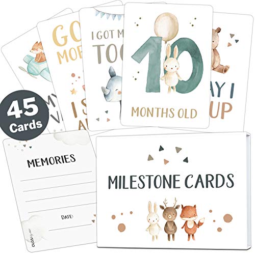 Juego de 45 tarjetas Milestone para bebés y niñas + caja de regalo ideal para cumpleaños, Navidad o baby shower (animales, blanco, inglés)