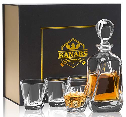 KANARS Jarra y Vasos de Whisky, 650 ml Decantador de Whisky Cristal Sin Plomo con 4 Copas 210 ml, Exquisita Caja de Regalo, 5 Piezas