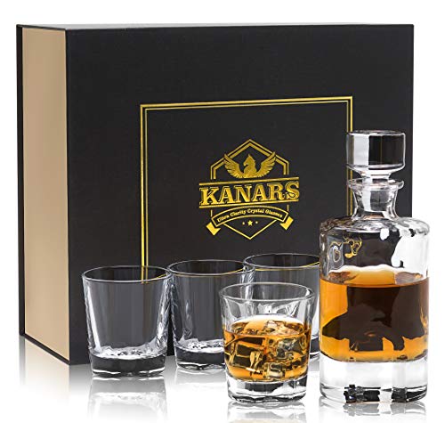 KANARS Vasos y Jarra de Whisky, 600 ml Decantador de Whisky Cristal Sin Plomo con 4 Copas 230 ml, 5 Piezas, Exquisita Caja de Regalo