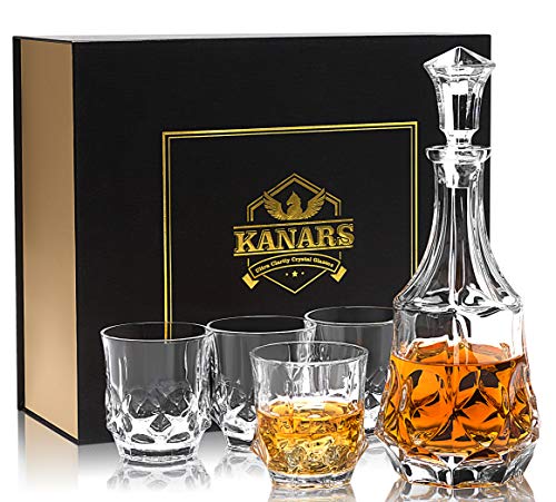 KANARS Vasos y Jarra de Whisky, 750 ml Decantador de Whisky Cristal Sin Plomo con 4 Copas 300 ml, Exquisita Caja de Regalo, 5 Piezas