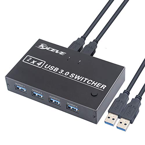 KCEVE USB 3.0 Switch 2 Entradas y 4 Salidas, USB Conmutador para Compartir Un USB Periférico Entre Dos Ordenadores, Teclado, Ratón, Memorias USB, Disco Duro, Impresoras, Escáneres, etc