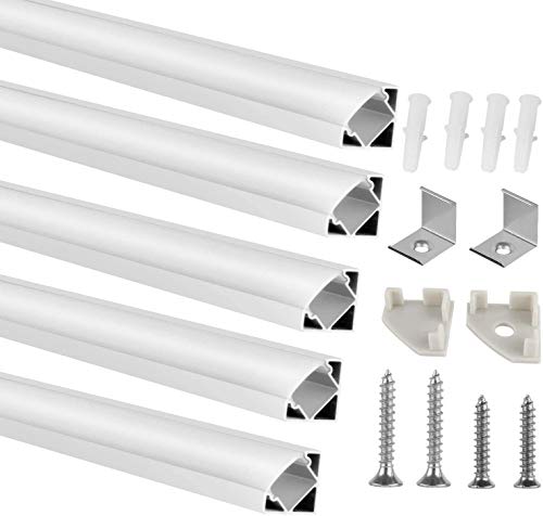 Kefflum 5 unidades, 1 m, aluminio, 45°, para tiras LED, aluminio anodizado, forma de V, hasta 12 mm, cubierta de policarbonato blanco lechoso, soportes, tapas de disipación de calor, duradero)
