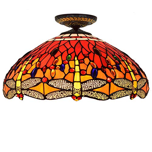 Lámpara de techo estilo Tiffany de Grande, lámpara de techo para sala de estar empotrada, luces de techo para dormitorio vintage, E27, pantalla de vitrales,18" red dragonfly