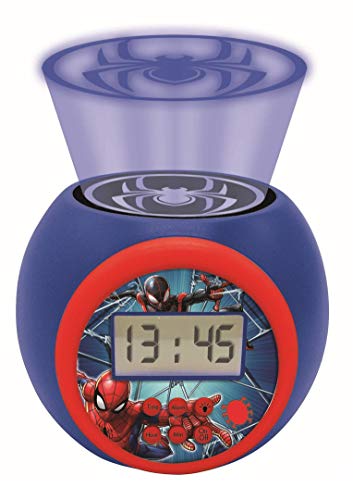 LEXIBOOK- Reloj Despertador con proyector Spiderman Marvel con función de repetición y Alarma, luz Nocturna con Temporizador, Pantalla LCD, batería, Azul/Rojo