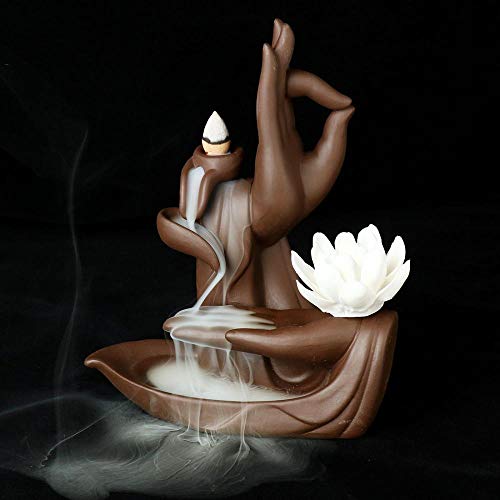 Lotus - Quemador de incienso de reflujo de mano con 20 conos de incienso de reflujo de cerámica para el hogar
