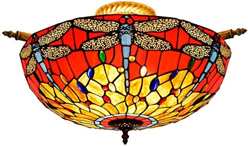 Luz de techo del vitral de Tiffany 55CM techo de cristal de la lámpara creativa Red Dragonfly Tiffany de la sala de techo almuerzo ligero habitación semi bar